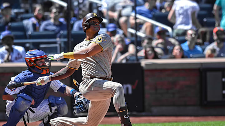 Apr 12, 2023; New York City, New York, USA; San Diego Padres left fielder Juan Soto (22) hits a