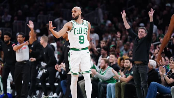 May 9, 2024; Boston, Massachusetts, USA; Boston Celtics guard Derrick White (9) reacts after his