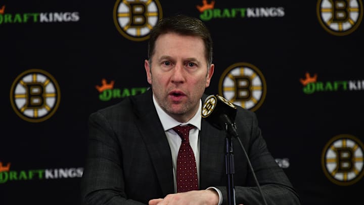 Jan 7, 2025; Boston, Massachusetts, USA;  Boston Bruins head coach Joe Sacco speaks to the media after losing to the Edmonton Oilers at TD Garden. Mandatory Credit: Bob DeChiara-Imagn Images
