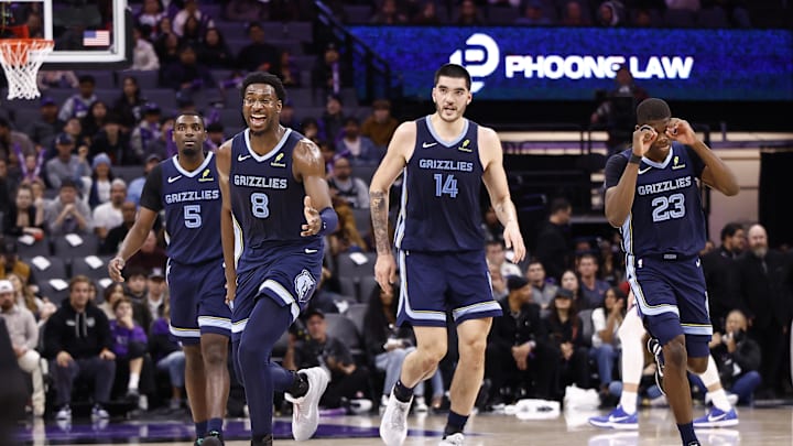 Nov 30, 2025; Sacramento, California, USA; Memphis Grizzlies forward/center Jaren Jackson Jr. (8) celebrates after a play as a timeout is called during the fourth quarter at Golden 1 Center. Mandatory Credit: Kelley L Cox-Imagn Images