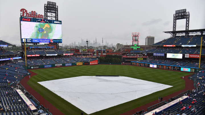 Jul 16, 2023; Philadelphia, Pennsylvania, USA; A general view of Citizens Bank Park during a rain Jul 16, 2023; Philadelphia, Pennsylvania, USA; A general view of Citizens Bank Park during a rain