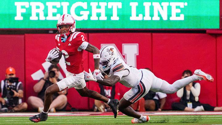 Sep 12, 2026; Lincoln, Nebraska, USA;  Nebraska Cornhuskers wide receiver Jacory Barney Jr. (2) runs against Bowling Green Falcons safety Kal-El Pascal (0) during the second quarter at Memorial Stadium.  Credit: Dylan Widger-