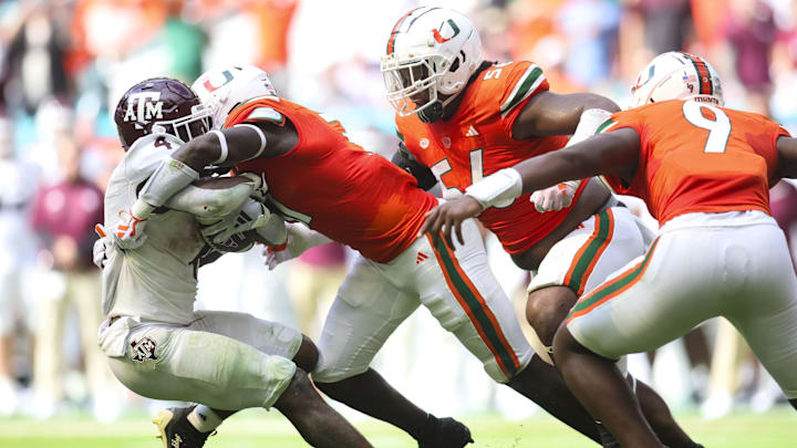 Sep 9, 2023; Miami Gardens, Florida, USA; Miami Hurricanes linebacker Wesley Bissainthe (31) tackles