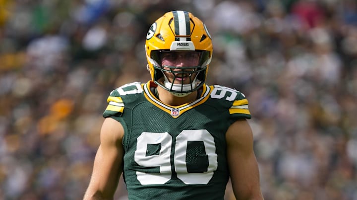 Sep 7, 2025; Green Bay, Wisconsin, USA;  Green Bay Packers defensive lineman Lukas Van Ness (90) during the game against the Detroit Lions at Lambeau Field. Mandatory Credit: Jeff Hanisch-Imagn Images