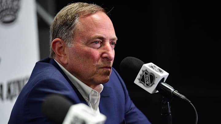 Feb 22, 2025; Los Angeles, California, USA; NHL commissioner Gary Bettman speaks during media availabilities before the Los Angeles Kings play against the Utah Hockey Club at Crypto.com Arena. Mandatory Credit: Gary A. Vasquez-Imagn Images
