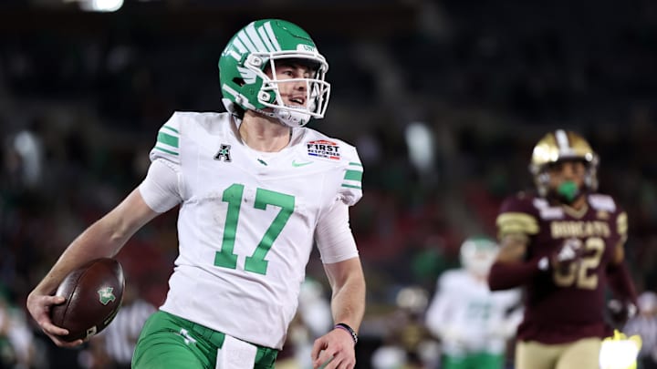 North Texas Mean Green quarterback Drew Mestemaker (17) scores a touchdown against the Texas State Bobcats during the fourth quarter at Gerald J. Ford Stadium. Mandatory Credit: Tim Heitman-Imagn Images