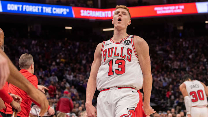 Mar 20, 2025; Sacramento, California, USA; Chicago Bulls guard Kevin Huerter (13) reacts after making a three-point shot during the fourth quarter of the game against the Sacramento Kings at Golden 1 Center. Mandatory Credit: Ed Szczepanski-Imagn Images