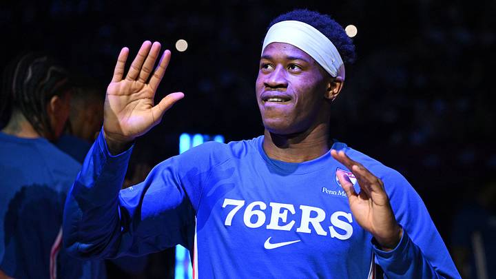 Philadelphia 76ers guard VJ Edgecombe (77) during introductions against the Detroit Pistons at Xfinity Mobile Arena on Apr. 4, 2026. Philadelphia 76ers guard VJ Edgecombe (77) during introductions against the Detroit Pistons at Xfinity Mobile Arena on Apr. 4, 2026.