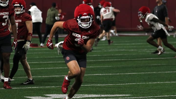 Oklahoma receiver Parker Livingstone runs a route during a spring practice.