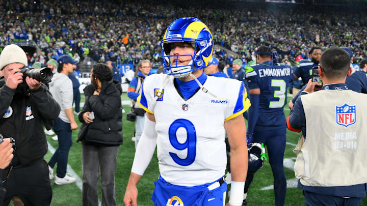 Jan 25, 2026; Seattle, WA, USA; Los Angeles Rams quarterback Matthew Stafford (9) leaves the field after the 2026 NFC Championship Game against the Seattle Seahawks at Lumen Field. Mandatory Credit: Steven Bisig-Imagn Images