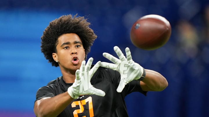 Feb 28, 2026; Indianapolis, IN, USA; Southern California wideout Ja'Kobi Lane (WO27) during the NFL Scouting Combine at Lucas Oil Stadium. Mandatory Credit: Kirby Lee-Imagn Images