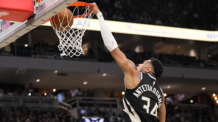 Jan 23, 2026; Milwaukee, Wisconsin, USA;  Milwaukee Bucks forward Giannis Antetokounmpo (34) dunks during the first quarter against the Denver Nuggets at Fiserv Forum. Mandatory Credit: Jeff Hanisch-Imagn Images
