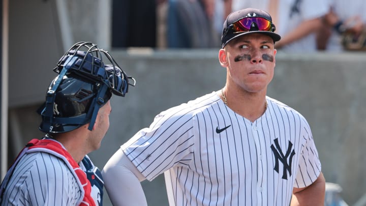 Jul 6, 2024; Bronx, New York, USA; New York Yankees center fielder Aaron Judge (99) looks back while talking with catcher Jose Trevino (39) after the game against the Boston Red Sox at Yankee Stadium. Jul 6, 2024; Bronx, New York, USA; New York Yankees center fielder Aaron Judge (99) looks back while talking with catcher Jose Trevino (39) after the game against the Boston Red Sox at Yankee Stadium.