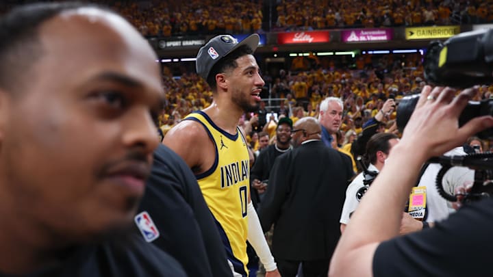 May 31, 2025; Indianapolis, Indiana, USA; Indiana Pacers guard Tyrese Haliburton (0) reacts after game six of the eastern conference finals against the New York Knicks for the 2025 NBA Playoffs at Gainbridge Fieldhouse. Mandatory Credit: Trevor Ruszkowski-Imagn Images May 31, 2025; Indianapolis, Indiana, USA; Indiana Pacers guard Tyrese Haliburton (0) reacts after game six of the eastern conference finals against the New York Knicks for the 2025 NBA Playoffs at Gainbridge Fieldhouse. Mandatory Credit: Trevor Ruszkowski-Imagn Images