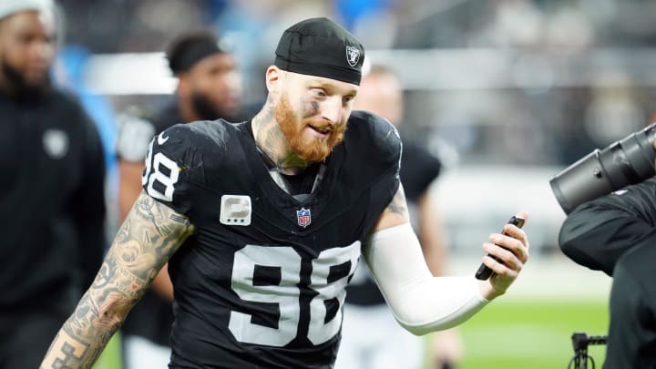 Dec 14, 2023; Paradise, Nevada, USA;  Las Vegas Raiders defensive end Maxx Crosby (98) smiles after the game against the Los Angeles Chargers at Allegiant Stadium. Mandatory Credit: Stephen R. Sylvanie-USA TODAY Sports