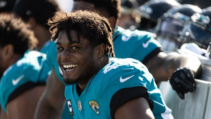Jan 9, 2022; Jacksonville, Florida, USA; Jacksonville Jaguars outside linebacker Myles Jack (44) smiles on the bench after a defensive stop during the second half against the Indianapolis Colts at TIAA Bank Field. Mandatory Credit: Matt Pendleton-Imagn Images