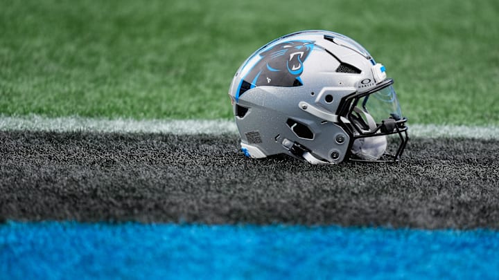 Nov 30, 2025; Charlotte, North Carolina, USA; A view of a Carolina Panthers helmet on the field before the game against the Los Angeles Rams at Bank of America Stadium. Mandatory Credit: Jim Dedmon-Imagn Images