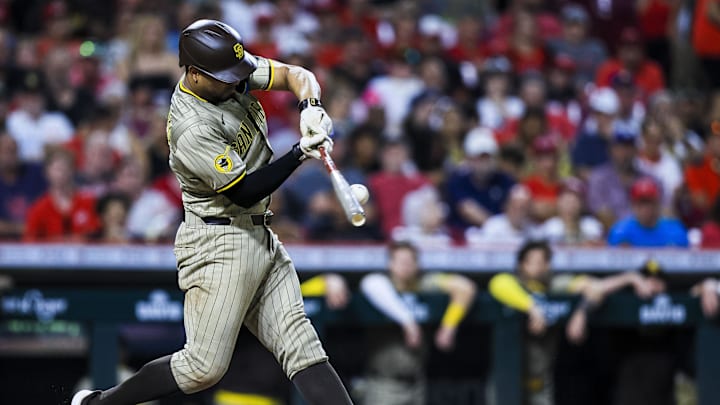 Jun 27, 2025; Cincinnati, Ohio, USA; San Diego Padres shortstop Xander Bogaerts (2) bats against the Cincinnati Reds in the eighth inning at Great American Ball Park. Mandatory Credit: Katie Stratman-Imagn Images