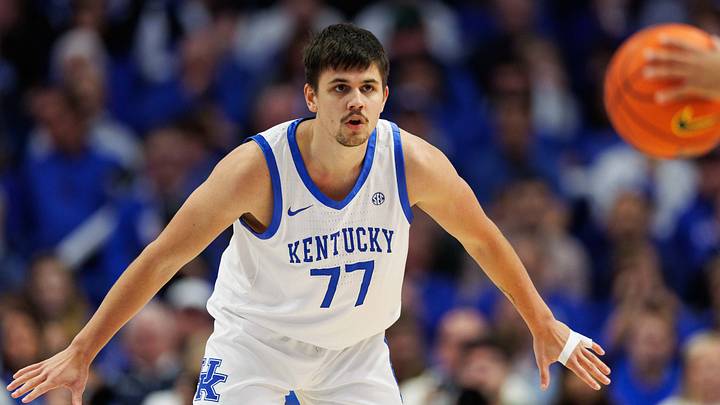 Nov 29, 2024; Lexington, Kentucky, USA; Kentucky Wildcats guard Kerr Kriisa (77) defends the basket during the second half against the Georgia State Panthers at Rupp Arena at Central Bank Center. Mandatory Credit: Jordan Prather-Imagn Images Nov 29, 2024; Lexington, Kentucky, USA; Kentucky Wildcats guard Kerr Kriisa (77) defends the basket during the second half against the Georgia State Panthers at Rupp Arena at Central Bank Center. Mandatory Credit: Jordan Prather-Imagn Images