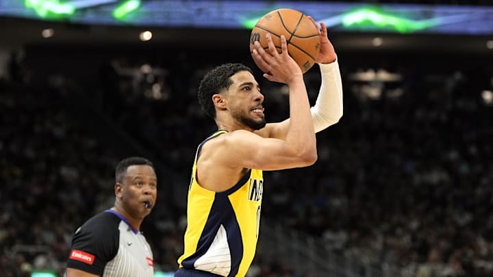 Apr 30, 2024; Milwaukee, Wisconsin, USA;   Indiana Pacers guard Tyrese Haliburton (0) shoots during