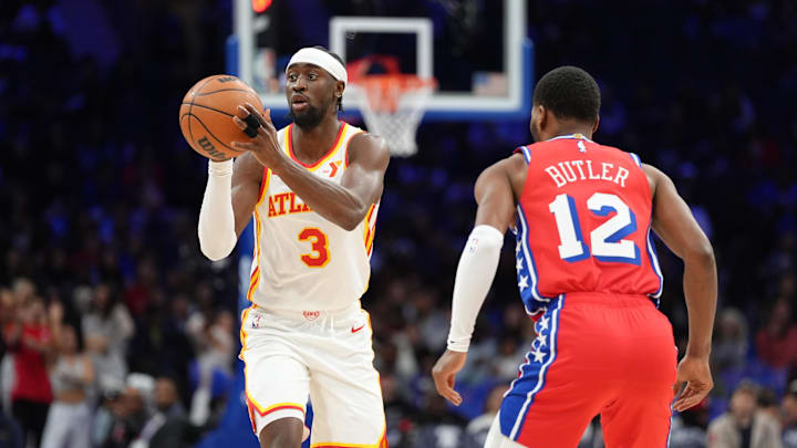 Apr 11, 2025; Philadelphia, Pennsylvania, USA; Atlanta Hawks guard Caris LeVert (3) passes the ball against the Philadelphia 76ers in the second quarter at Wells Fargo Center. Mandatory Credit: Kyle Ross-Imagn Images