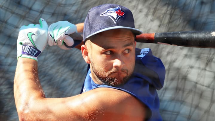 Aug 19, 2025; Pittsburgh, Pennsylvania, USA;  Toronto Blue Jays shortstop Bo Bichette (11) in the batting cage before the game against the Pittsburgh Pirates at PNC Park. 
