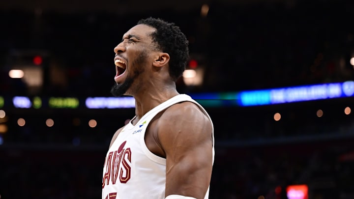 Apr 6, 2025; Cleveland, Ohio, USA; Cleveland Cavaliers guard Donovan Mitchell (45) reacts after a play during the second half against the Sacramento Kings at Rocket Arena. Mandatory Credit: Ken Blaze-Imagn Images