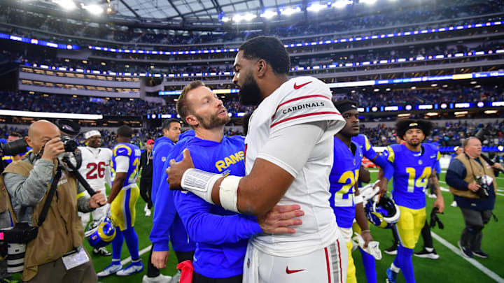 Jan 4, 2026; Inglewood, California, USA; Los Angeles Rams head coach Sean McVay and Arizona Cardinals quarterback Jacoby Brissett (7) talk following a game at SoFi Stadium. Mandatory Credit: Gary A. Vasquez-Imagn Images Jan 4, 2026; Inglewood, California, USA; Los Angeles Rams head coach Sean McVay and Arizona Cardinals quarterback Jacoby Brissett (7) talk following a game at SoFi Stadium. Mandatory Credit: Gary A. Vasquez-Imagn Images