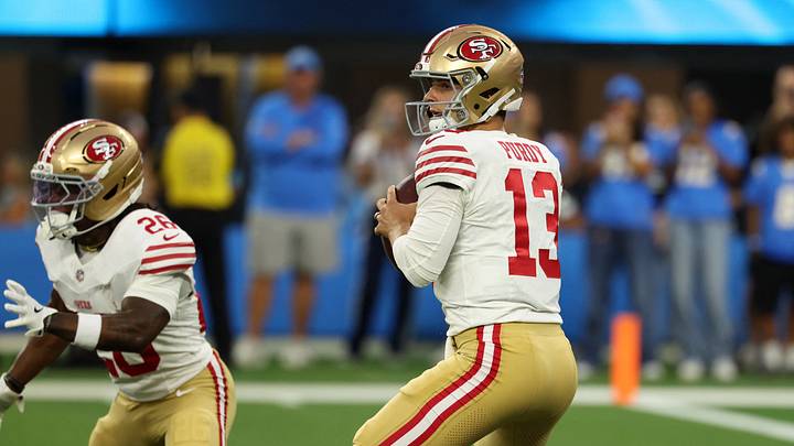 Aug 20, 2026; Inglewood, California, USA; San Francisco 49ers quarterback Brock Purdy (13) looks to pass the ball during the first quarter against the Los Angeles Chargers at SoFi Stadium. Mandatory Credit: Kiyoshi Mio-Imagn Images Aug 20, 2026; Inglewood, California, USA; San Francisco 49ers quarterback Brock Purdy (13) looks to pass the ball during the first quarter against the Los Angeles Chargers at SoFi Stadium. Mandatory Credit: Kiyoshi Mio-Imagn Images