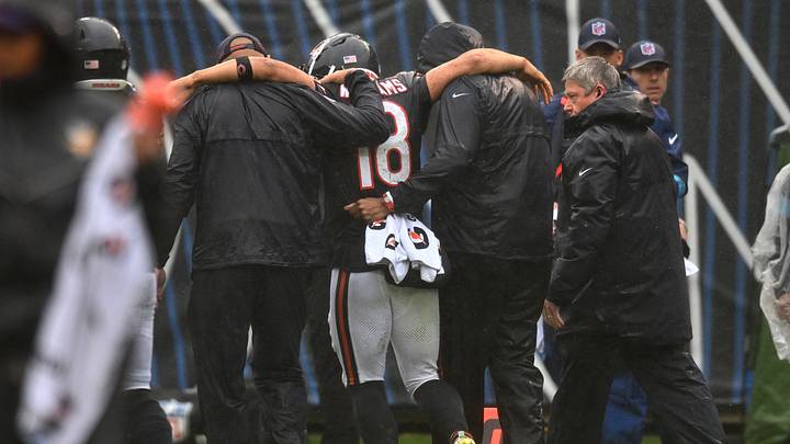 Caleb Williams is helped off the field after a hamstring tear against the Vikings. Caleb Williams is helped off the field after a hamstring tear against the Vikings.