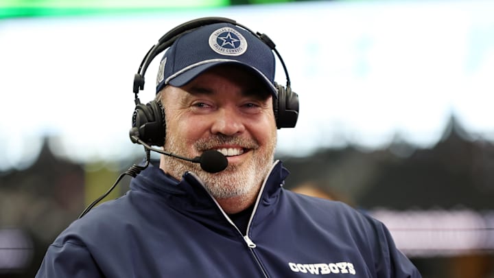 Aug 24, 2024; Arlington, Texas, USA; Dallas Cowboys head coach Mike McCarthy talks to the media before the game against the Los Angeles Chargers at AT&T Stadium. Mandatory Credit: Tim Heitman-Imagn Images