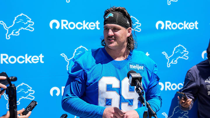 Detroit Lions offensive lineman Tate Ratledge (69) speaks after practice during rookie mini camp at Meijer Performance Center in Allen Park on Friday, May 9, 2025.