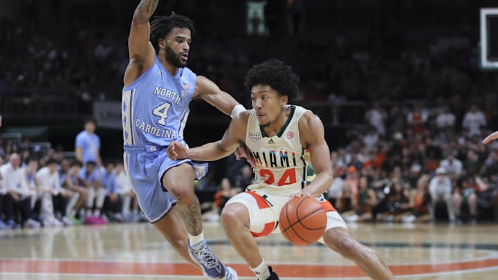 Feb 10, 2024; Coral Gables, Florida, USA; Miami Hurricanes guard Nijel Pack (24) drives to the