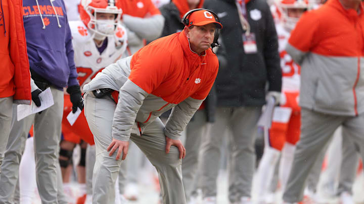 Dec 27, 2025; Bronx, NY, USA; Clemson Tigers head coach Dabo Swinney looks on during the first half of the 2025 Pinstripe Bowl against the Penn State Nittany Lions at Yankee Stadium. Mandatory Credit: Vincent Carchietta-Imagn Images