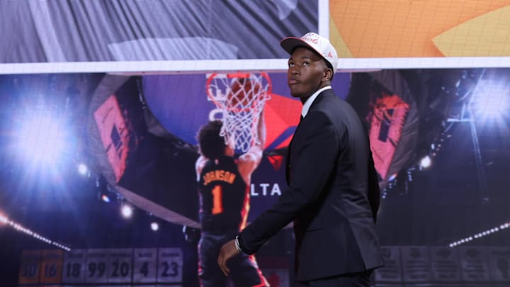 Jun 25, 2025; Brooklyn, NY, USA;  Derik Queen reacts on stage after being selected as the 13th pick by the Atlanta Hawks in the first round of the 2025 NBA Draft at Barclays Center. Mandatory Credit: Brad Penner-Imagn Images