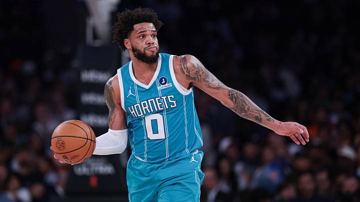 Apr 12, 2026; New York, New York, USA; Charlotte Hornets forward Miles Bridges (0) passes the ball during the first half against the New York Knicks at Madison Square Garden. Mandatory Credit: Vincent Carchietta-Imagn Images