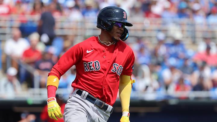 Mar 13, 2023; Dunedin, Florida, USA;  Boston Red Sox right fielder Miguel Bleis (88) hits a RBI against the Toronto Blue Jays during the second inning at TD Ballpark. Mandatory Credit: Kim Klement-Imagn Images