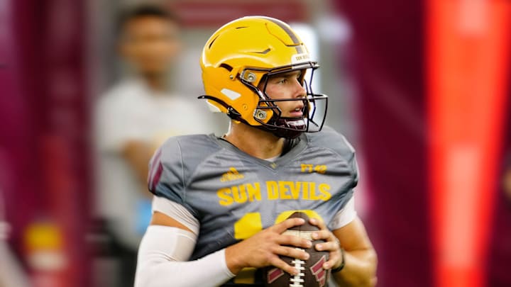 Arizona State quarterback Sam Leavitt (10) passes during a practice inside the Verde Dickey Dome in Tempe on August 12, 2025.