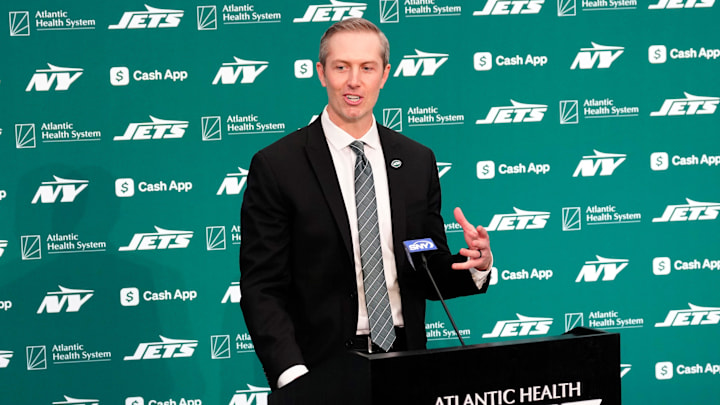 Darren Mougey speaks during a press conference where he was introduced as the new general manager of the New York Jets, at the Atlantic Health Jets Training Center, Monday, January 27, 2025, in Florham Park.