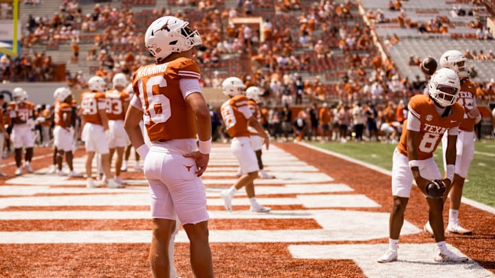 Texas football player, Arch Manning, stands on the field during warm up before a game against UTEP at Darrell K Royal–Texas Memorial Stadium in Austin, Texas, on Saturday, Sept. 13, 2025.
