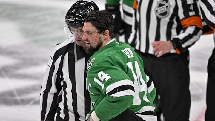 Apr 2, 2026; Dallas, Texas, USA; Dallas Stars left wing Jamie Benn (14) skates off the ice after fighting Winnipeg Jets center Adam Lowry (not pictured) during the third period at the American Airlines Center. Mandatory Credit: Jerome Miron-Imagn Images