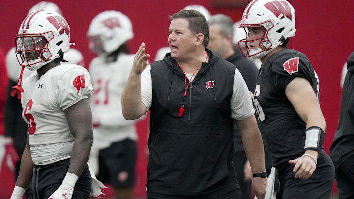 Wisconsin offensive line coach AJ Blazek is shown during spring football practice Thursday, April 3, 2025 in Madison, Wisconsin. Mark Hoffman/Milwaukee Journal Sentinel