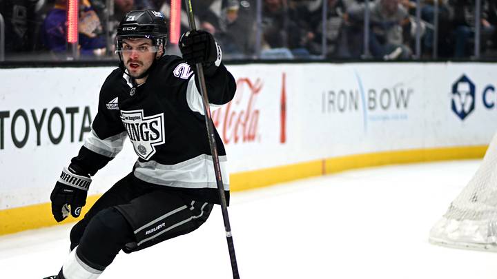 Apr 2, 2026; Los Angeles, California, USA; Los Angeles Kings center Scott Laughton (21) celebrates after scoring against the Nashville Predators during the second period at Crypto.com Arena. Mandatory Credit: Griffin Hooper-Imagn Images