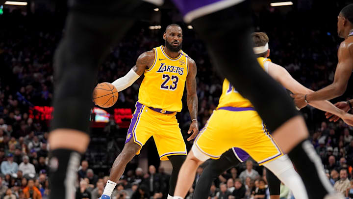 Dec 19, 2024; Sacramento, California, USA; Los Angeles Lakers forward LeBron James (23) dribbles the ball against the Sacramento Kings in the second quarter at the Golden 1 Center. Mandatory Credit: Cary Edmondson-Imagn Images Dec 19, 2024; Sacramento, California, USA; Los Angeles Lakers forward LeBron James (23) dribbles the ball against the Sacramento Kings in the second quarter at the Golden 1 Center. Mandatory Credit: Cary Edmondson-Imagn Images