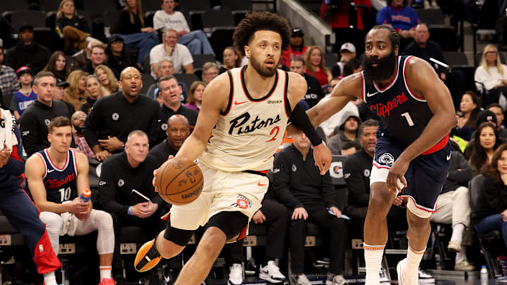 Mar 5, 2025; Inglewood, California, USA; Detroit Pistons guard Cade Cunningham (2) drives against LA Clippers guard James Harden (1) during the third quarter at Intuit Dome. Mandatory Credit: Jason Parkhurst-Imagn Images Mar 5, 2025; Inglewood, California, USA; Detroit Pistons guard Cade Cunningham (2) drives against LA Clippers guard James Harden (1) during the third quarter at Intuit Dome. Mandatory Credit: Jason Parkhurst-Imagn Images