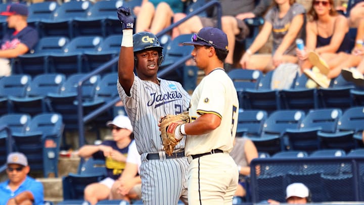 May 31, 2025; Oxford, MS, USA; Georgia Tech Yellowjackets catcher Vahn Lackey (25) reacts after a single during the first inning against the Murray State Racers. Mandatory Credit: Petre Thomas-Imagn Images