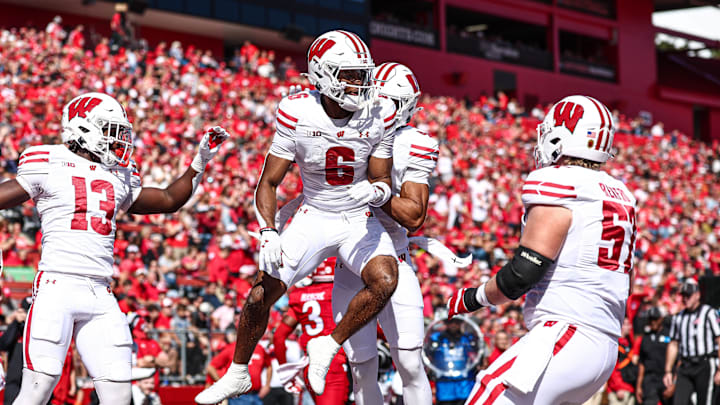Wisconsin wide receiver Will Pauling (6) celebrates his touchdown reception with teammates during the first half against Rutgers at SHI Stadium in Piscataway, N.J., on Oct. 12, 2024.
