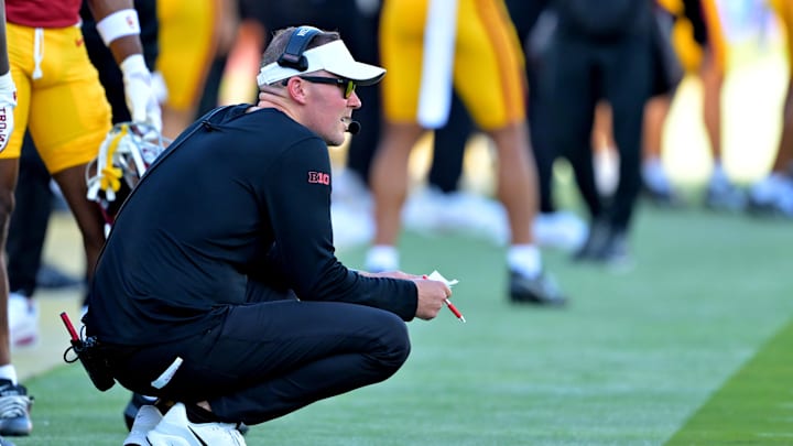Sep 6, 2025; Los Angeles, California, USA; USC Trojans head coach Lincoln Riley looks on during the second half at United Airlines Field at the Los Angeles Memorial Coliseum. Mandatory Credit: Jayne Kamin-Oncea-Imagn Images