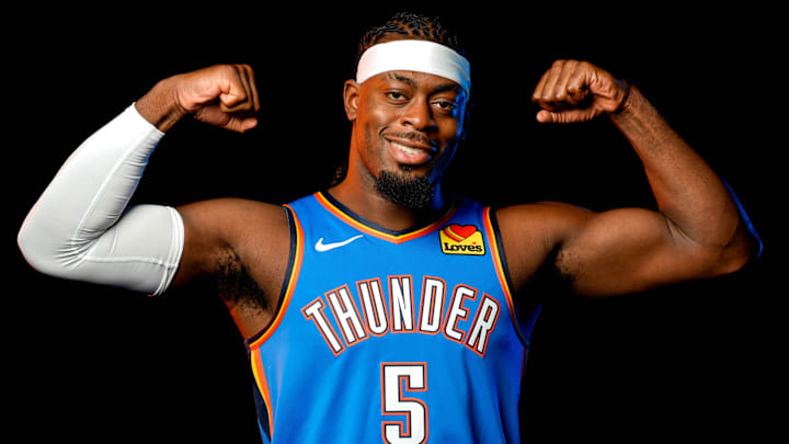 Luguentz Dort is pictured during the Thunder media day at the Paycom Center in Oklahoma City, on Monday, Sept. 30, 2024. Luguentz Dort is pictured during the Thunder media day at the Paycom Center in Oklahoma City, on Monday, Sept. 30, 2024.