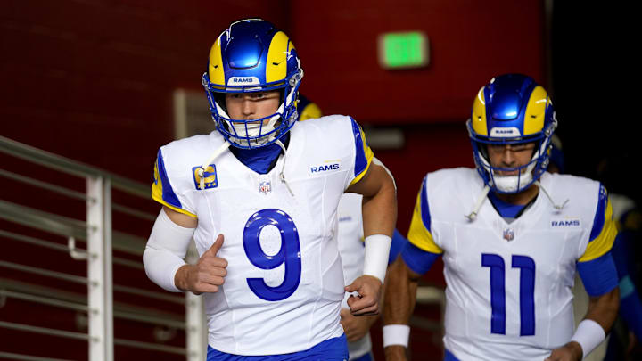 Dec 12, 2024; Santa Clara, California, USA; Los Angeles Rams quarterback Matthew Stafford (9) jogs towards the field before the start of the game against the San Francisco 49ers at Levi's Stadium. Mandatory Credit: Cary Edmondson-Imagn Images